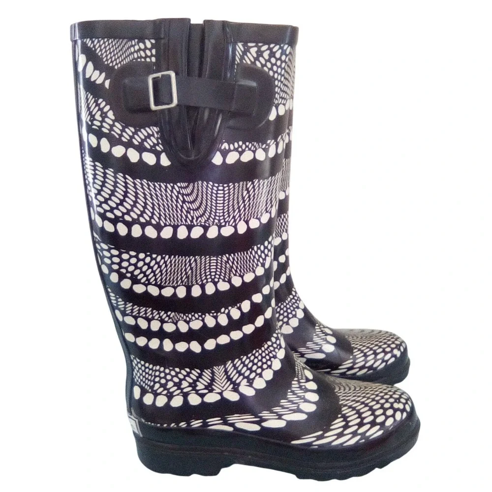 ShedRain Women Black‎ White Optical Illusion Print Tall Rubber Rain Boots Size 7
